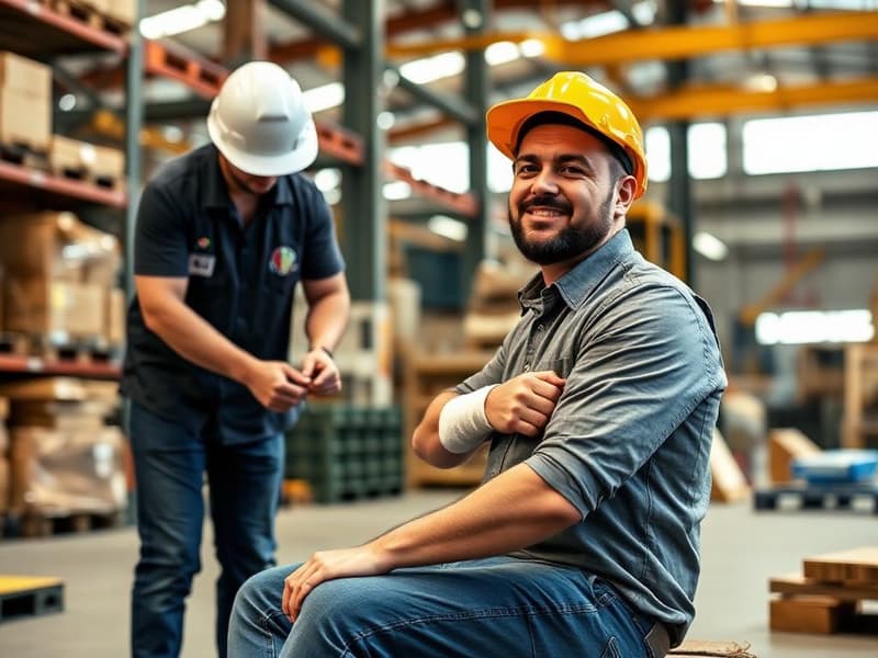 Trabalhador com lesão no braço sendo auxiliado em galpão industrial