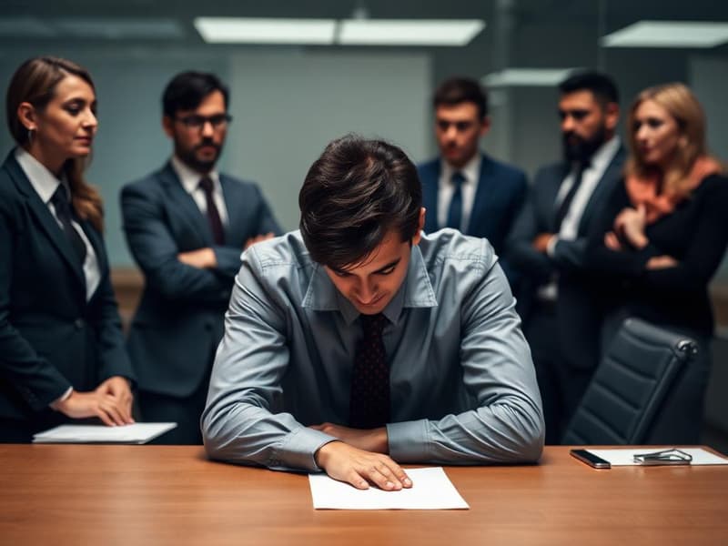 Funcionário cabisbaixo em mesa de reunião com colegas ao fundo