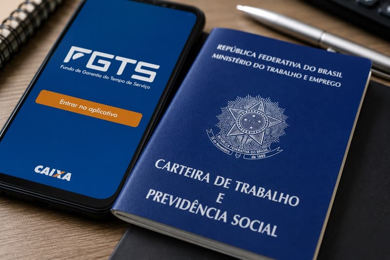 Carteira de Trabalho e Previdência Social ao lado do aplicativo FGTS da Caixa
