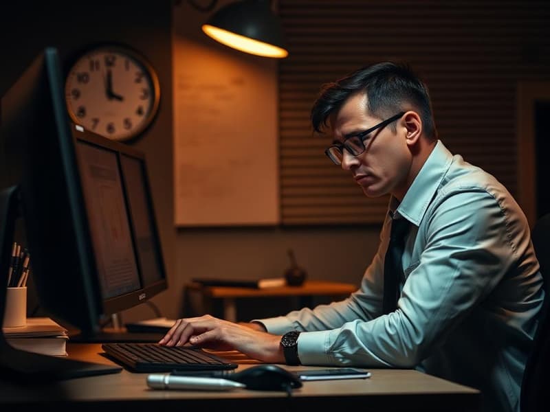 Trabalhador na mesa do escritório à noite com relógio na parede