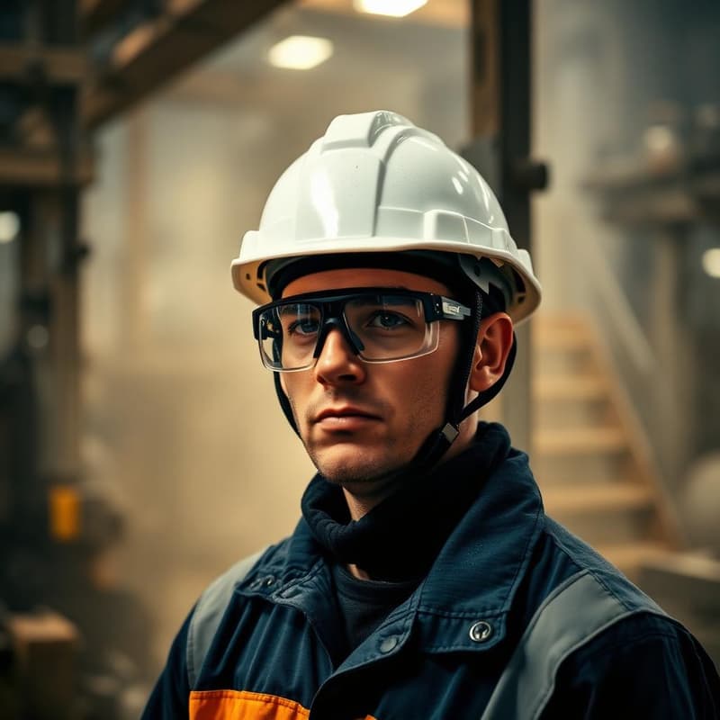 Trabalhador industrial com capacete e equipamentos de proteção próximo a máquinas
